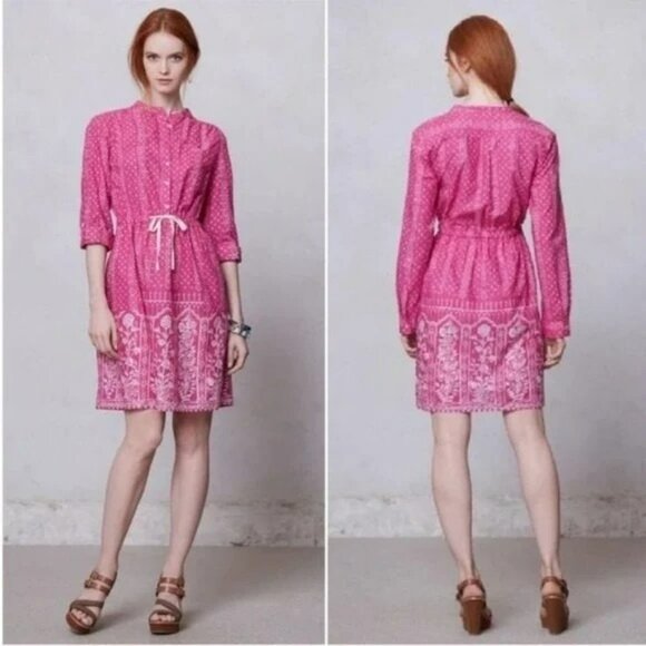 Anthropologie Meadow Rue Shirtdress 8 Pink White Anila Long Roll Tab Sleeve Boho - Picture 14 of 14